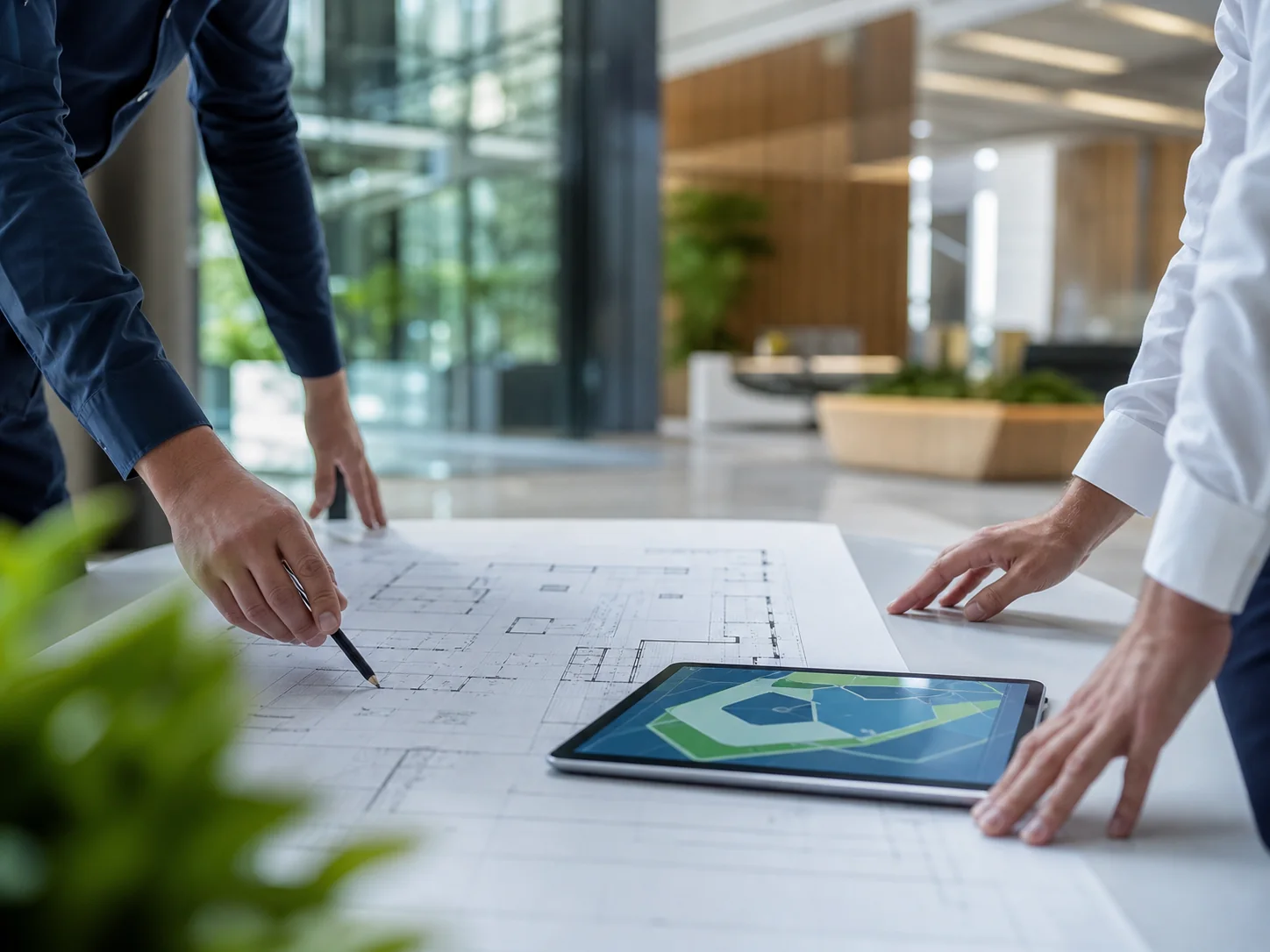 Profissionais analisando uma planta e um planejamento de facilities em ambiente corporativo.