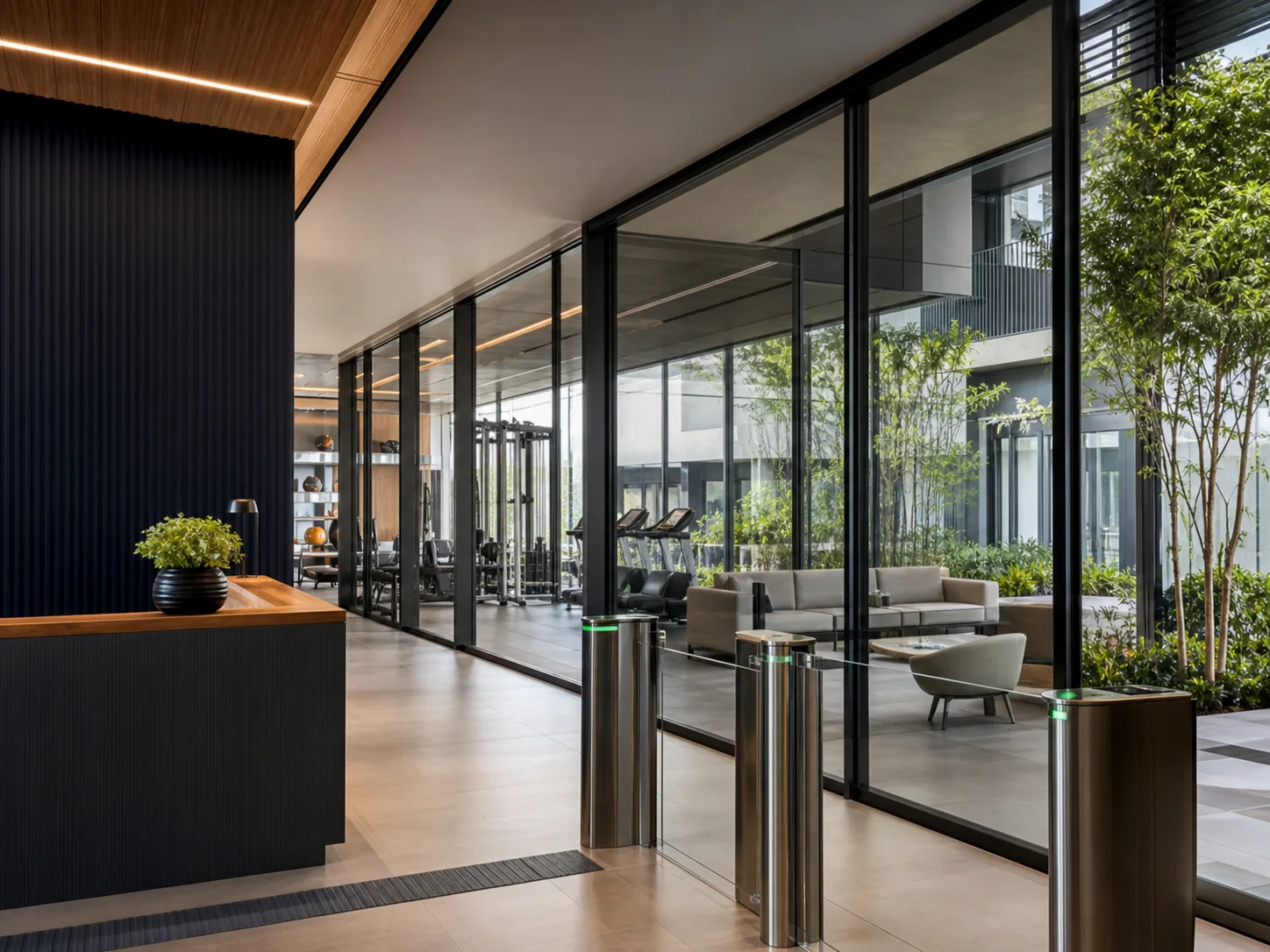 Empreendimento contemporâneo com controle de acesso, área comum e espaço fitness integrados.