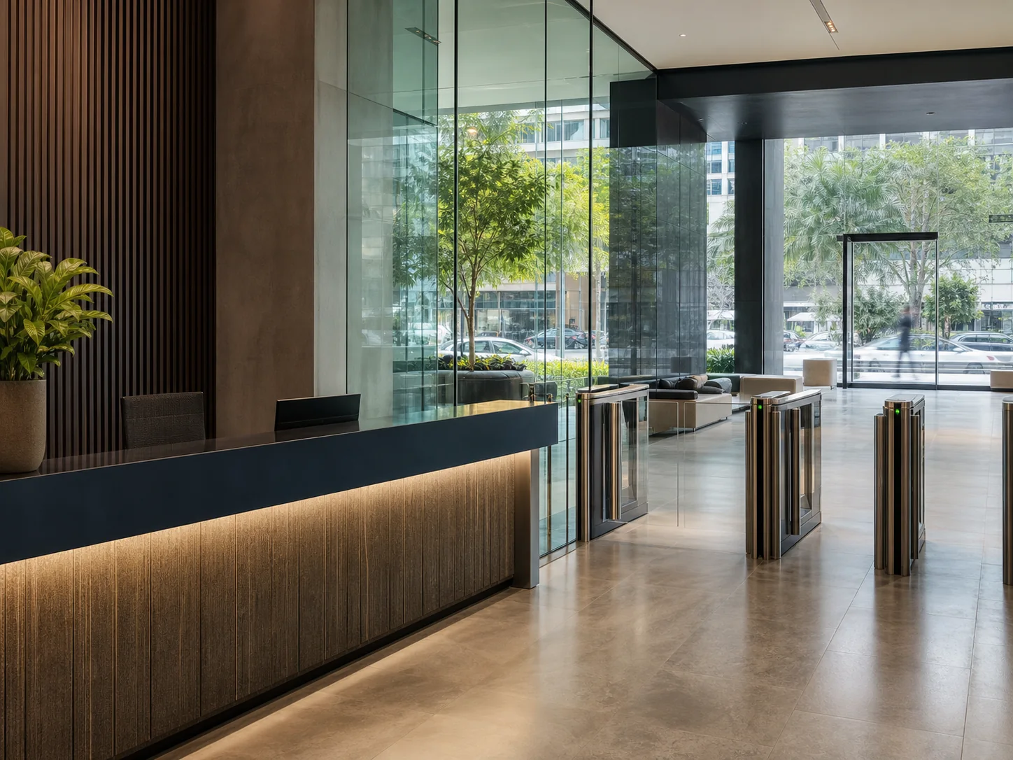 Lobby contemporâneo com balcão de portaria e catracas de controle de acesso.