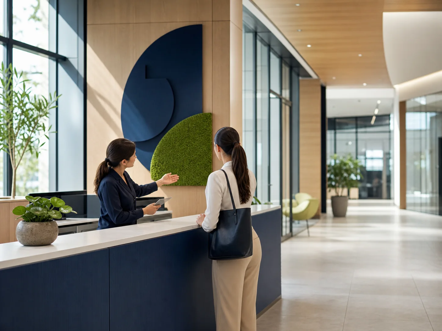 Profissional de recepção orientando uma visitante em ambiente corporativo.