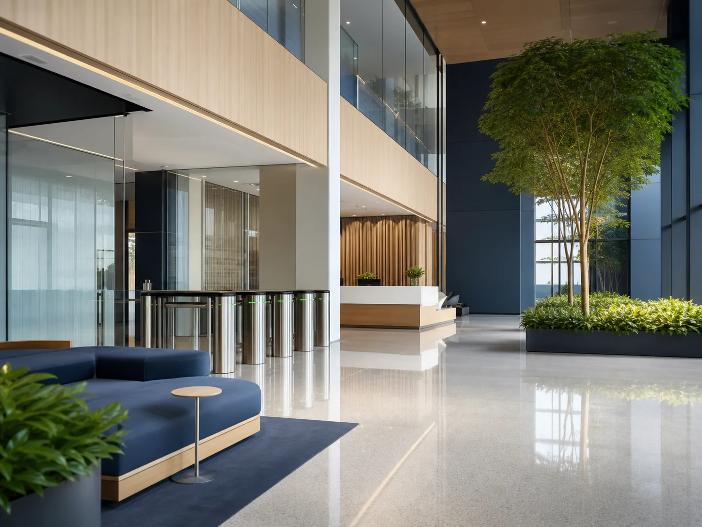 Ambiente corporativo organizado com recepção, controle de acesso e paisagismo integrados.